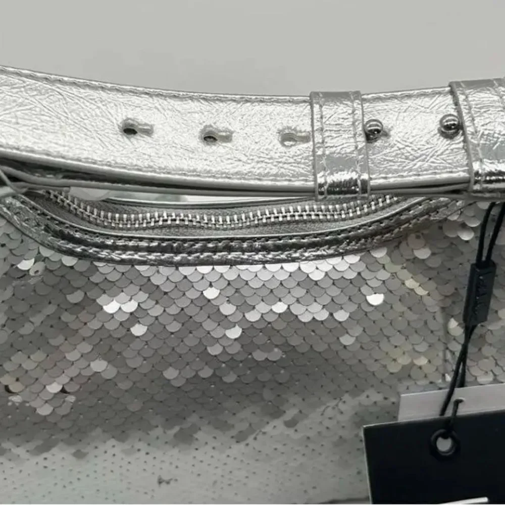 NWT Nicole Miller Silver Sequin Vegan Leather Small HOBO Shoulder Purse Handbag
